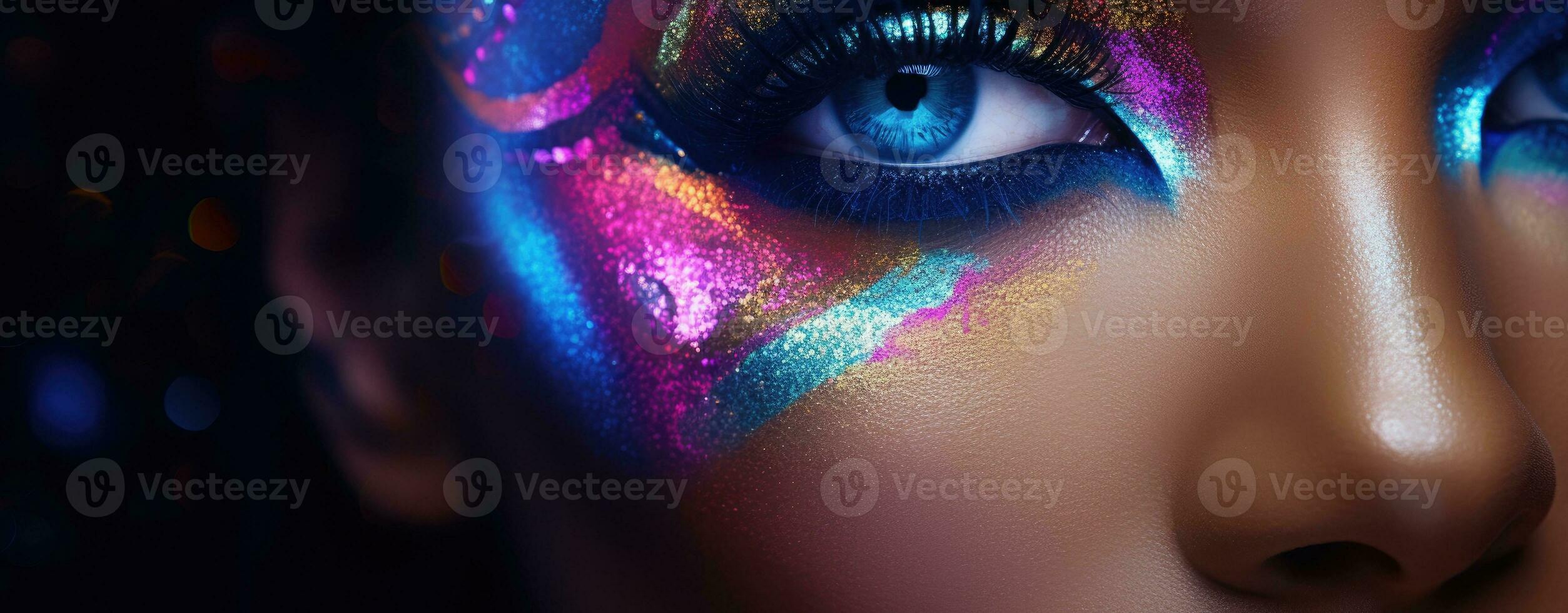 AI generated Close up portrait of a beautiful model with amazing colourful makeup photo