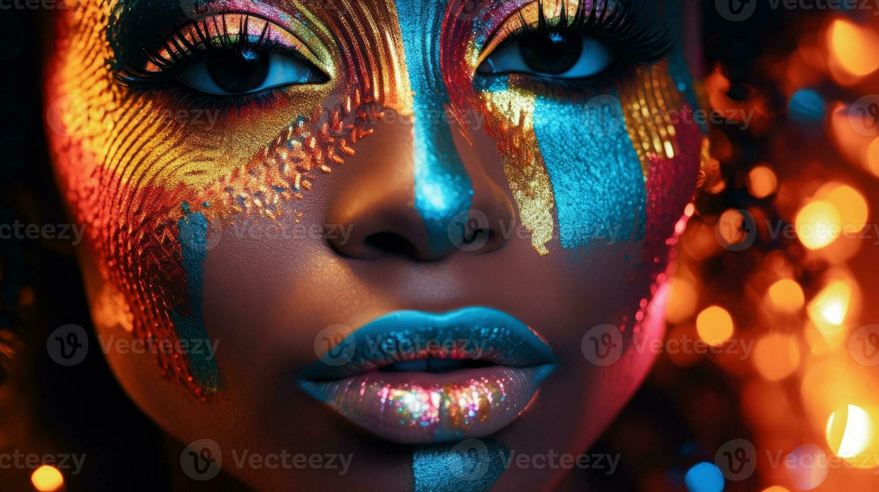 AI generated Close up portrait of a beautiful model with amazing colourful makeup photo