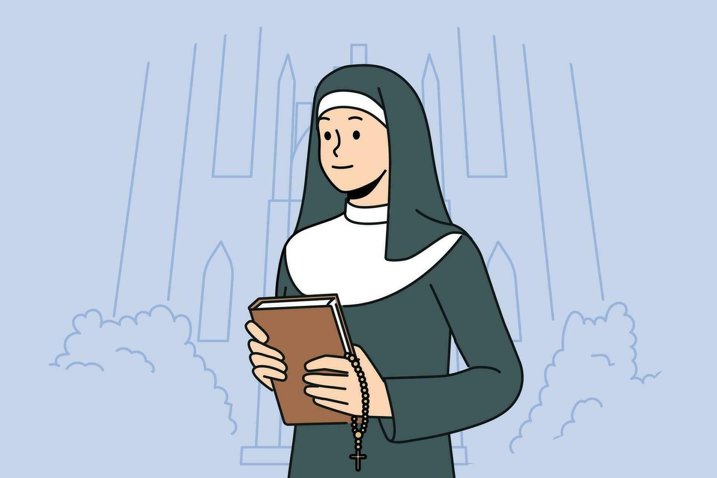 Woman nun with bible stands near church calling to visit christian shrines and study gospel or religious prayers. Catholic nun in white and black cassock holds cross for traditional orthodox rituals. vector