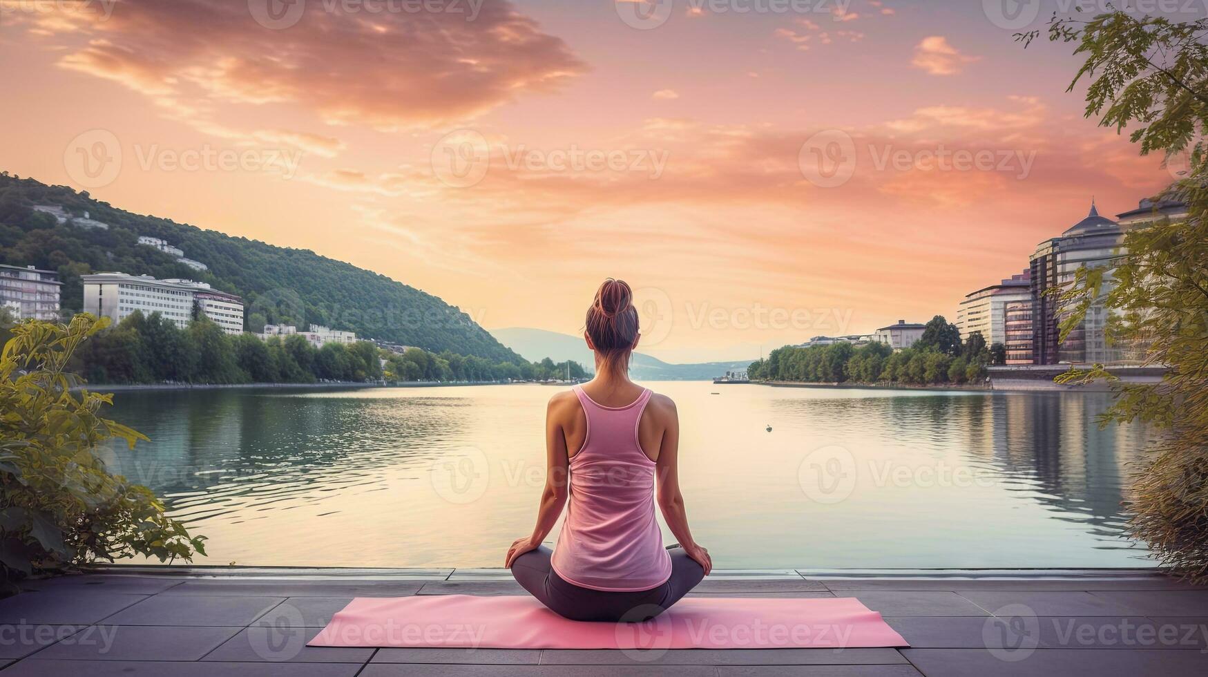 ai generado joven adulto mujer meditando a puesta de sol por el lago foto
