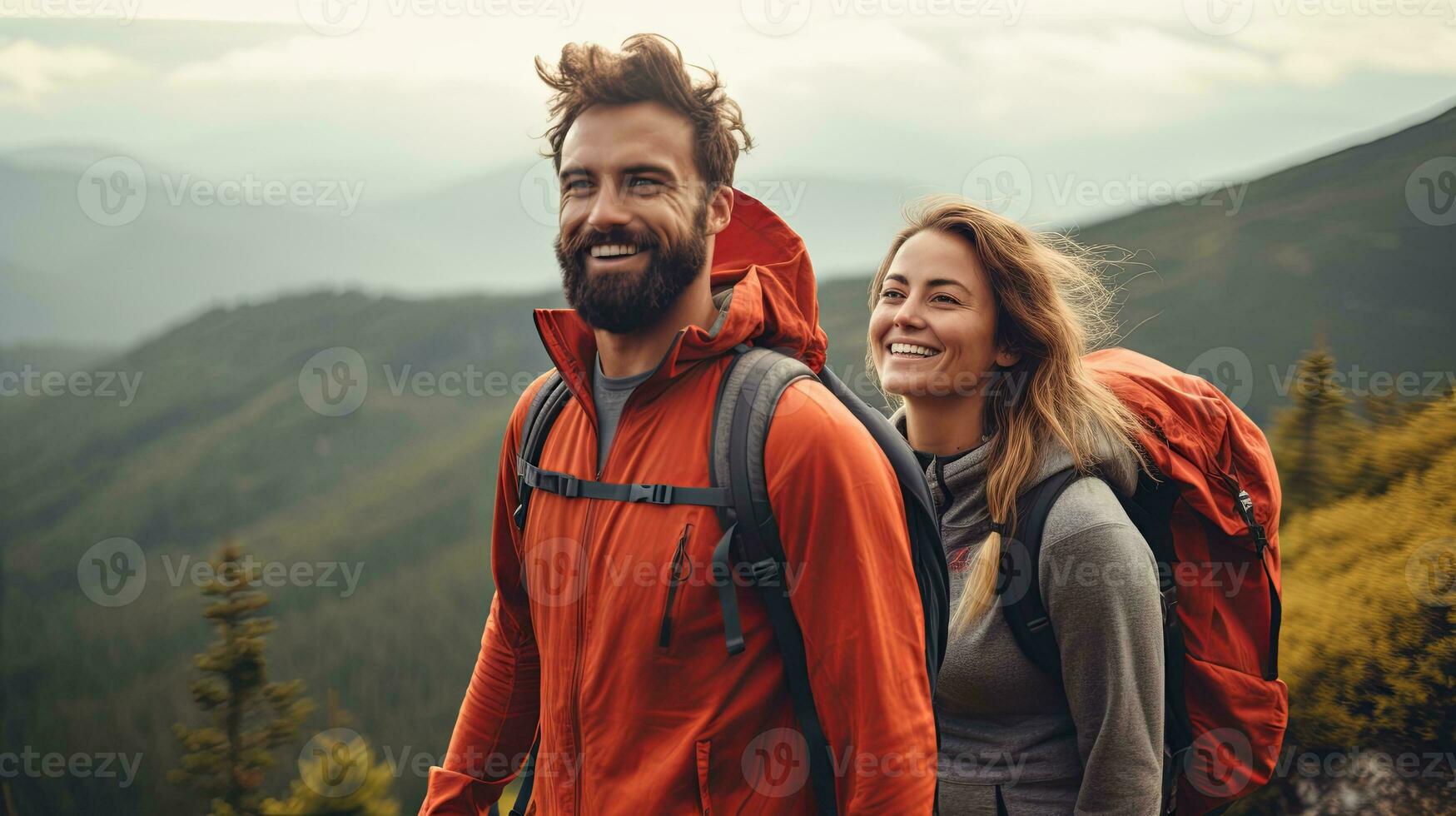 ai generado alegre Pareja excursionismo juntos en hermosa montaña paisaje foto