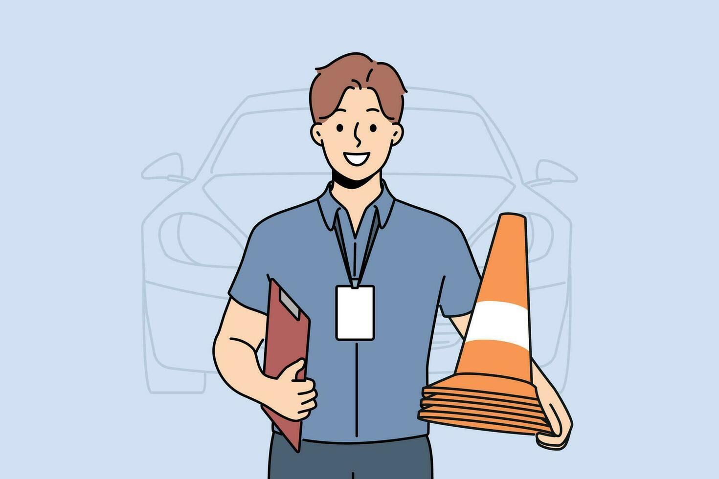 Man instructor from driving school smiles and holds traffic cones inviting to take exam for driver license. Guy employee of car school advertises services company teaching driving. vector