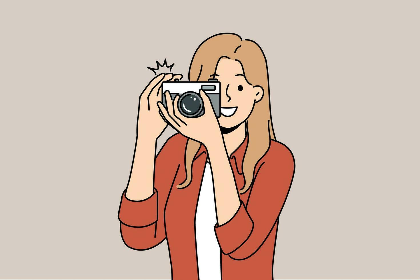 Woman with camera with smile takes photo for publication in newspaper or on pages of personal internet blog. Young happy girl uses camera to capture picturesque locations while traveling vector