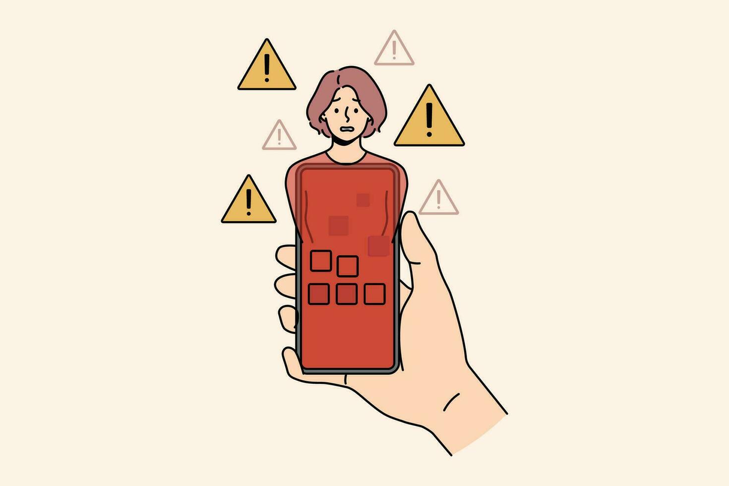 Red phone infected with virus in hand and panicking woman symbolize internet bullying and cyber attacks. Girl became victim of hackers and scammers hacked into phone or stole personal passwords vector