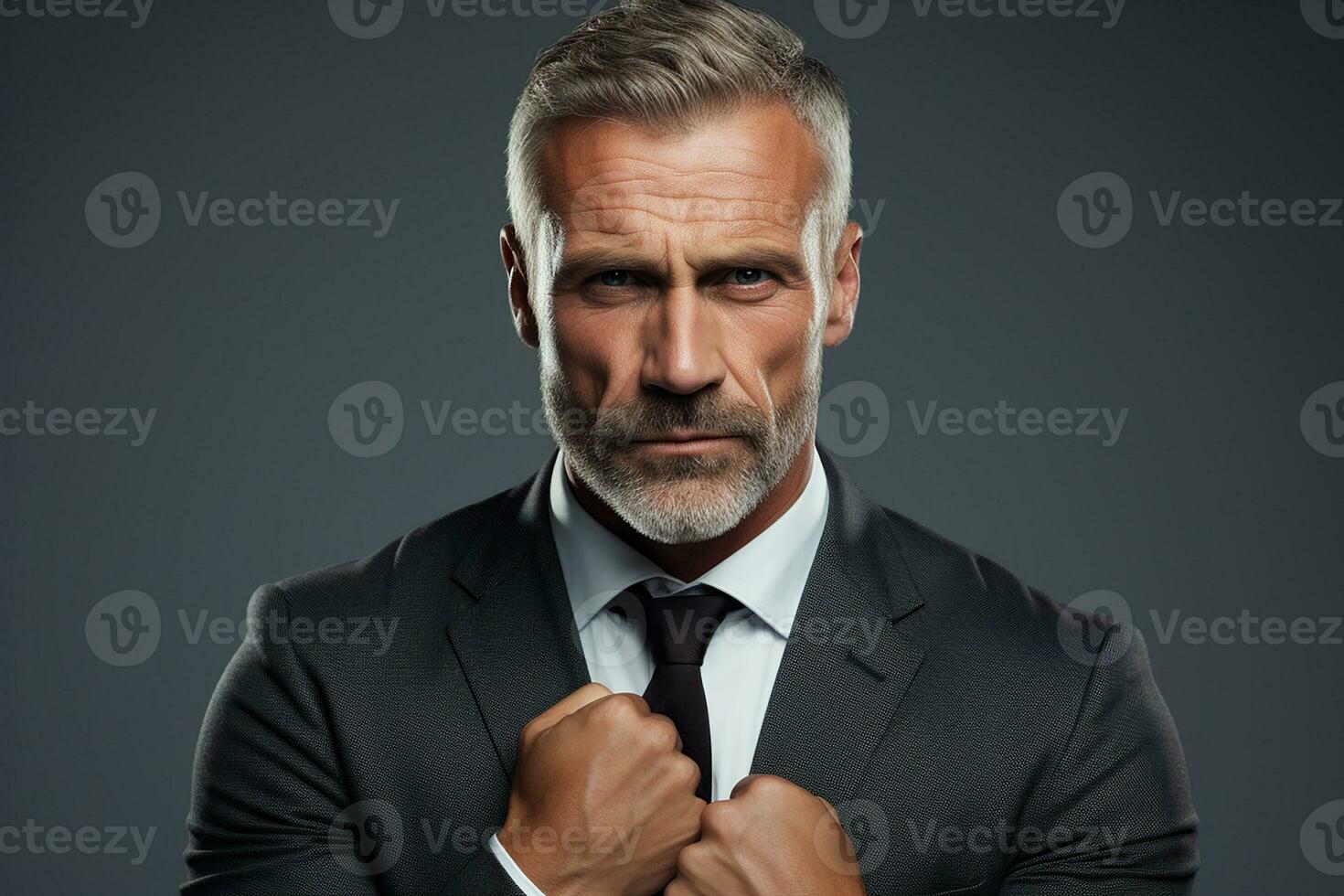 AI generated Portrait of old man looking at camera against dark studio background. photo