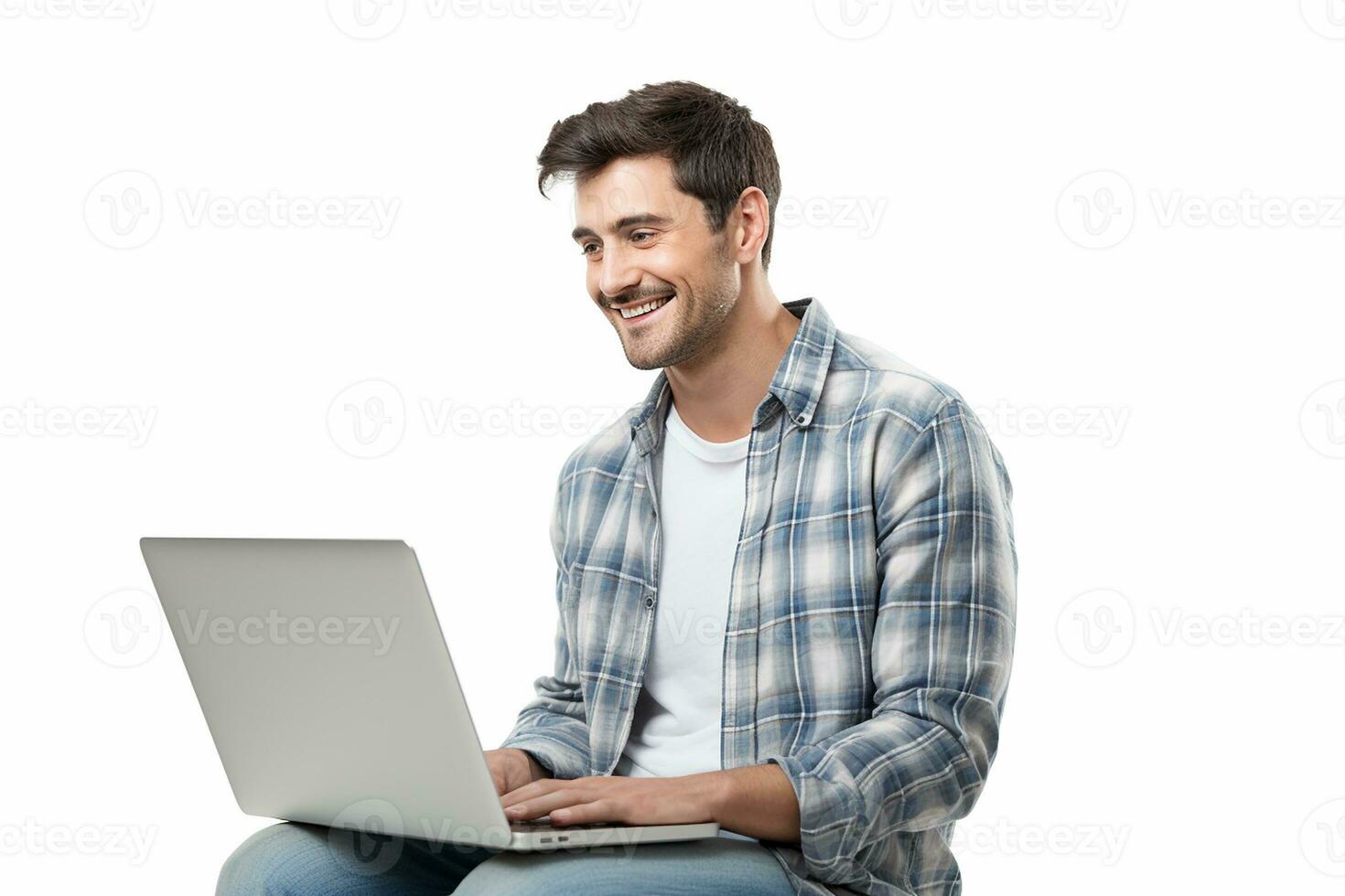 AI generated young happy man operating laptop on isolated white background photo