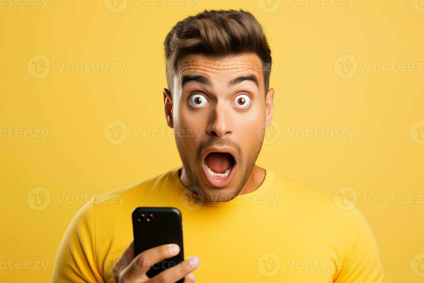 ai generado emocionado contento hombre vestir casual ropa sostener en mano utilizar móvil aislado en amarillo antecedentes foto