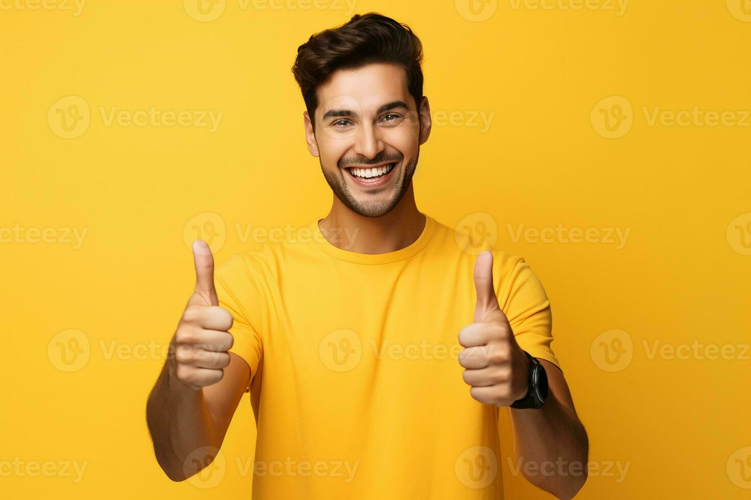 AI generated Portrait of a two happy young men showing thumbs up isolated over yellow background photo
