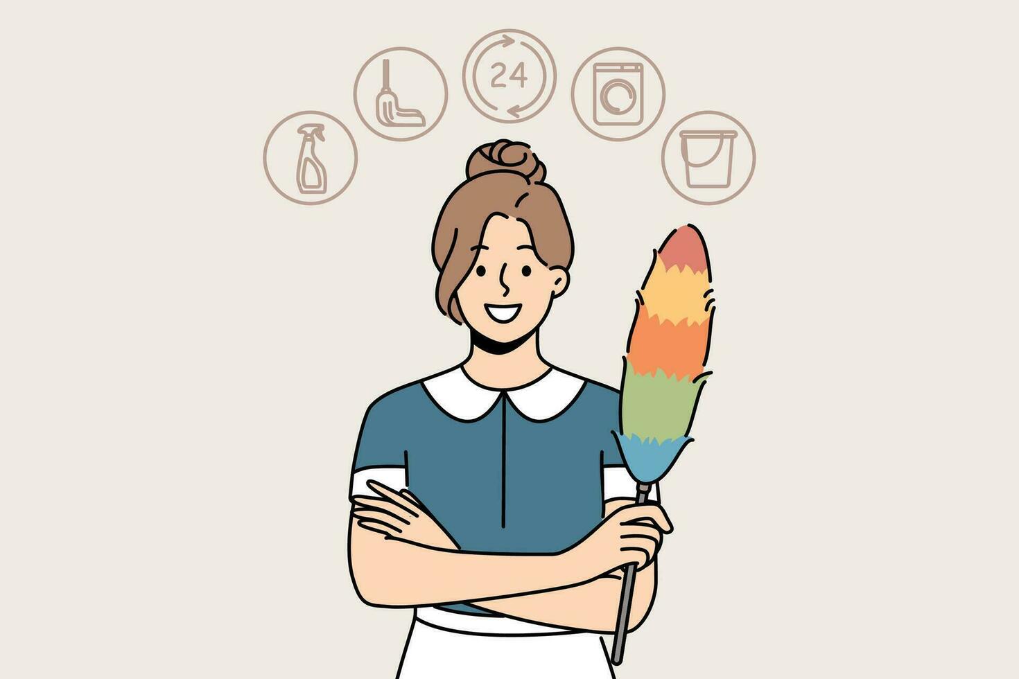 Woman housekeeper or maid with dust brush smiles and looks at screen recommending contacting cleaning company. Maid girl provides services for cleaning apartment or hotel rooms and washing clothes vector