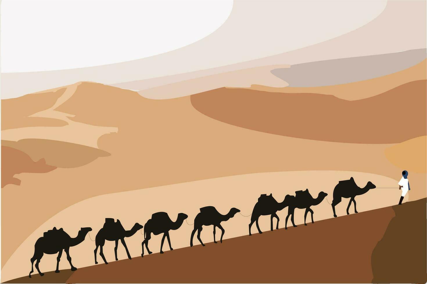 Camel caravan going through the sand dunes in the Sahara desert, Camel in desert concept.Illustration of Camel cartoon vector