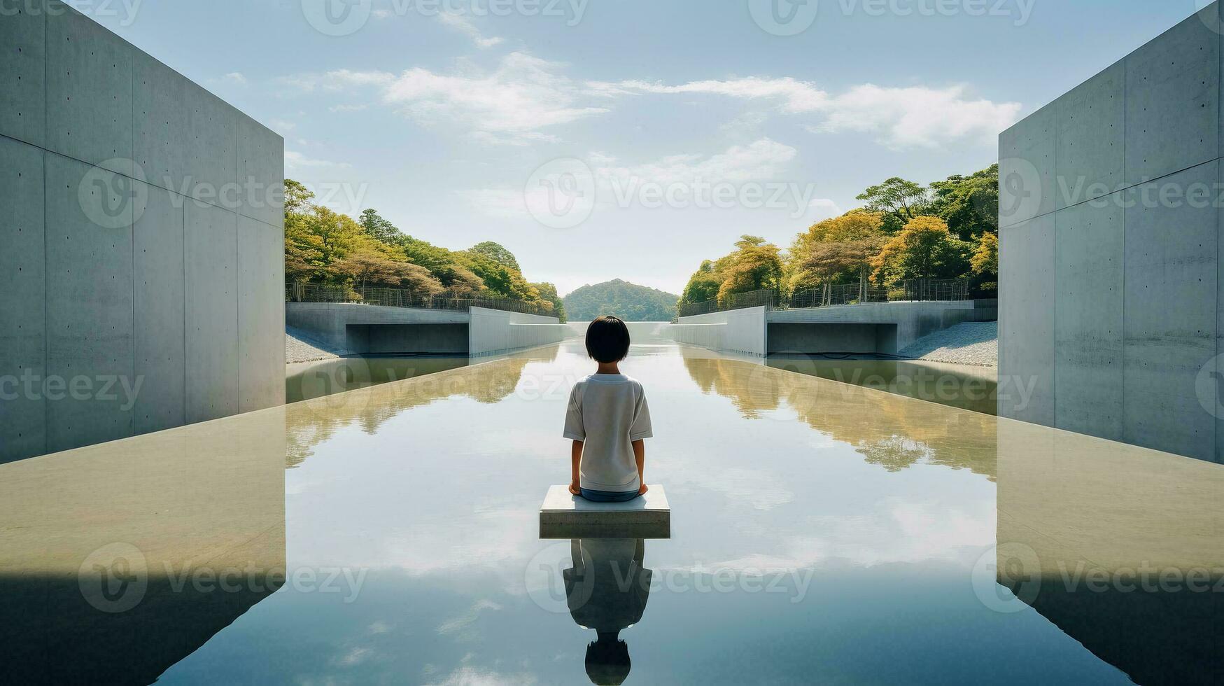 AI generated A Solitary Figure Contemplating Serene Waters photo