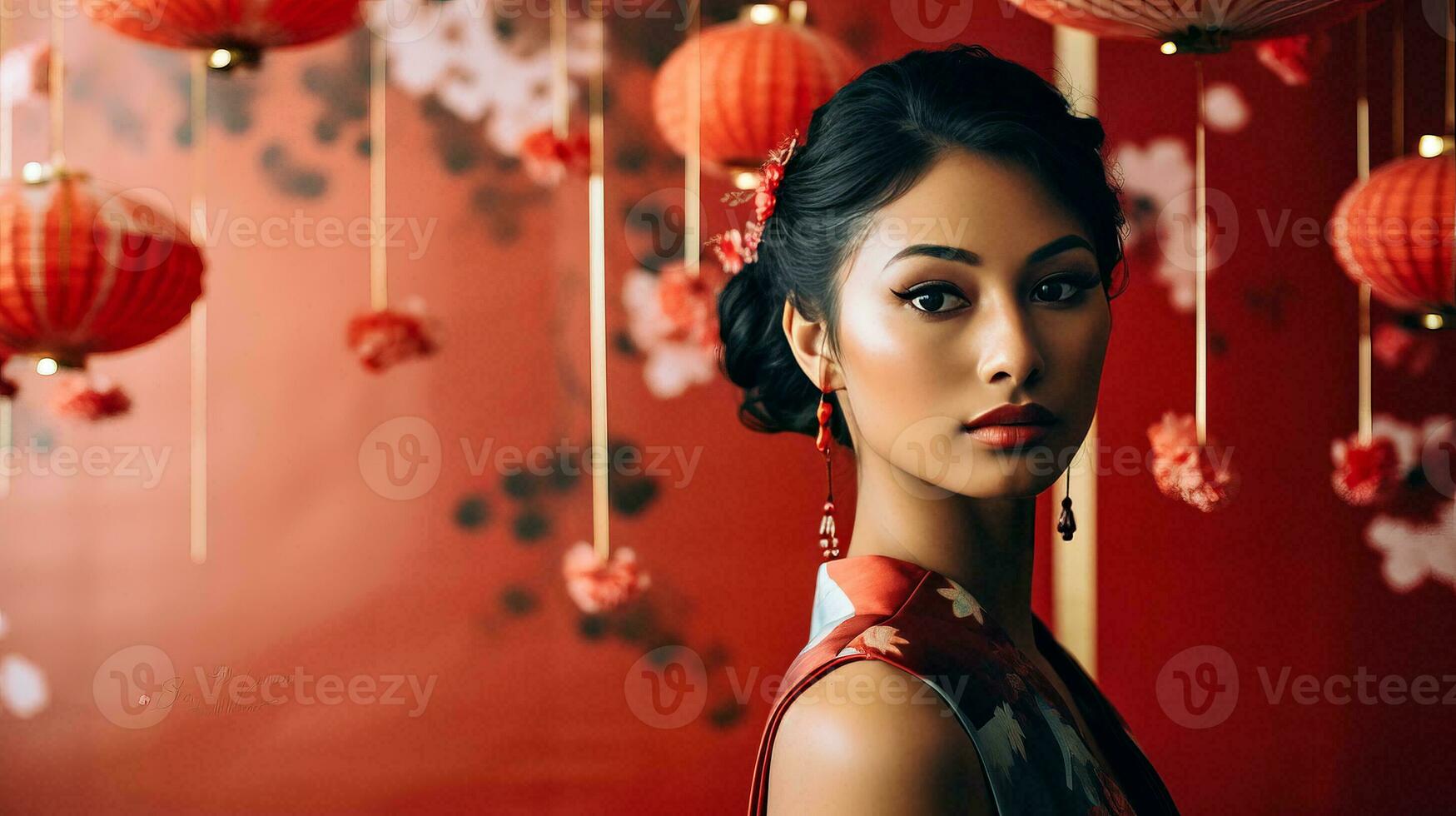 AI generated A Woman in a Red Dress Standing in Front of Red Lanterns photo