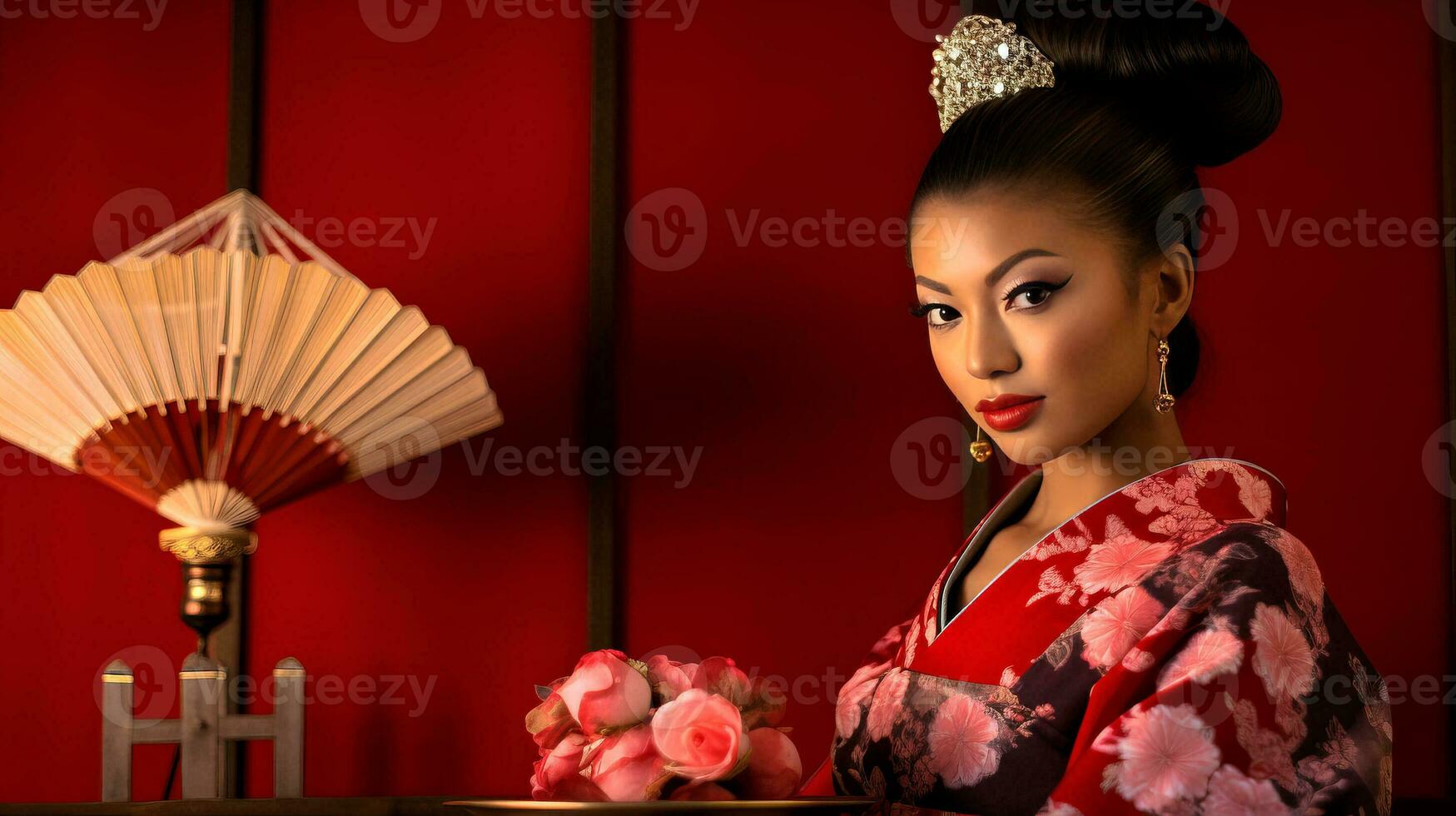 ai generado un mujer en un kimono participación un ventilador foto