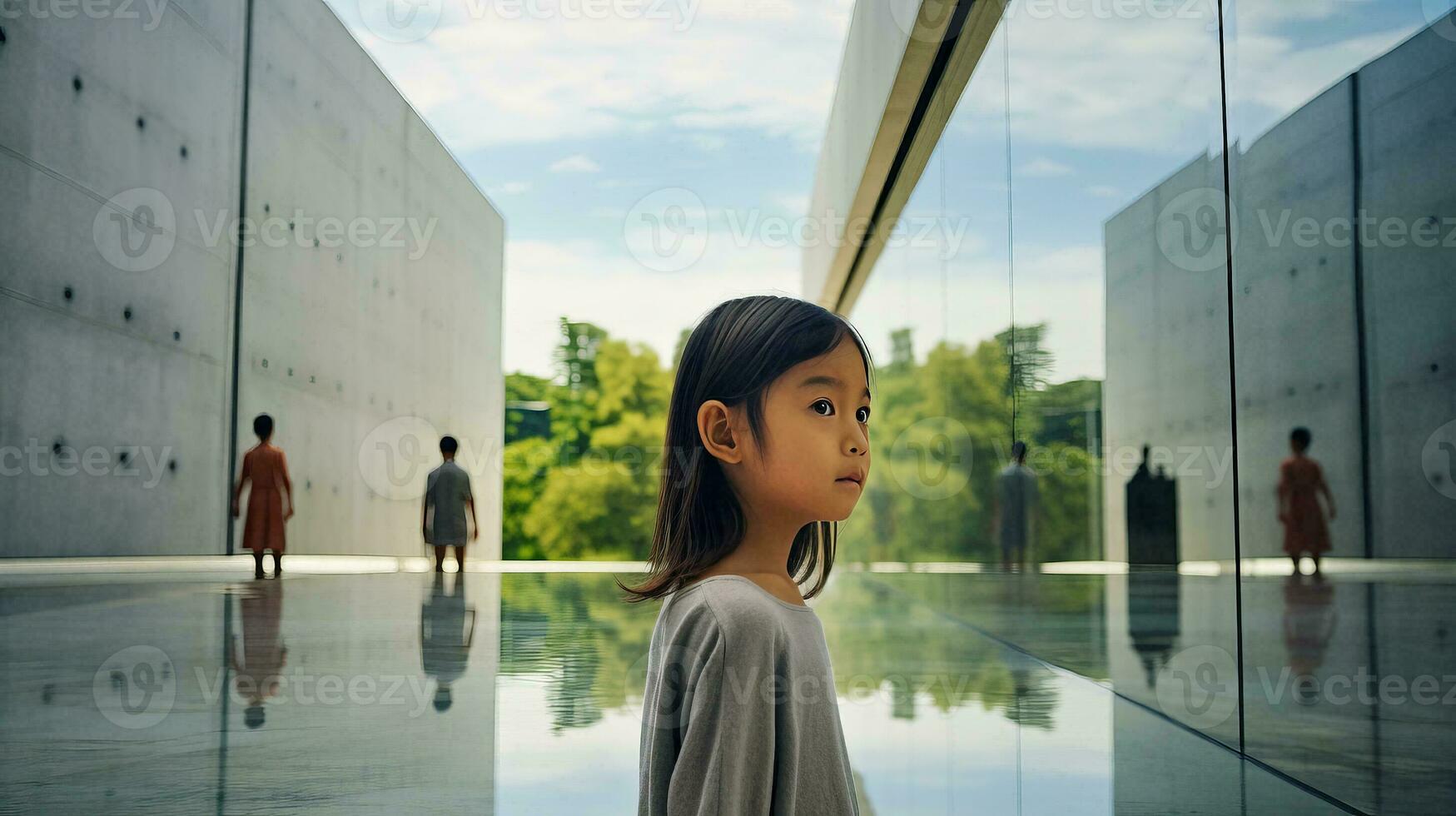 ai generado pequeño niña contemplando su reflexión en frente de un espejo foto