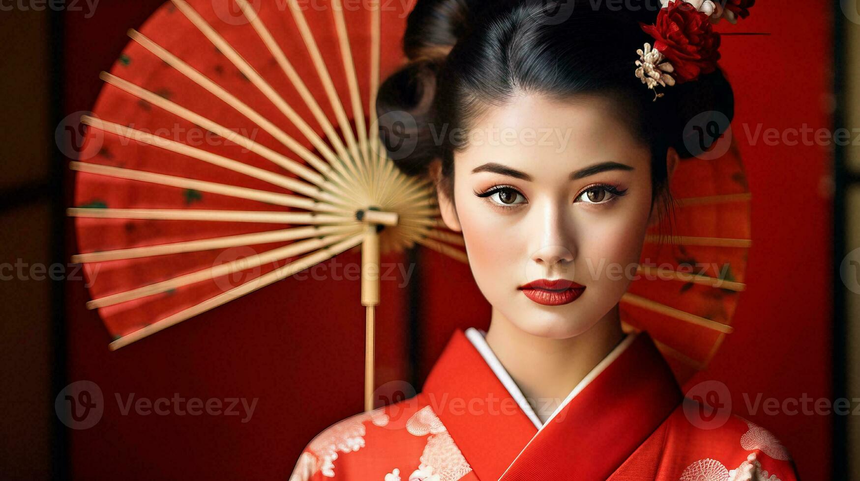 ai generado mujer en rojo kimono sostiene ventilador foto