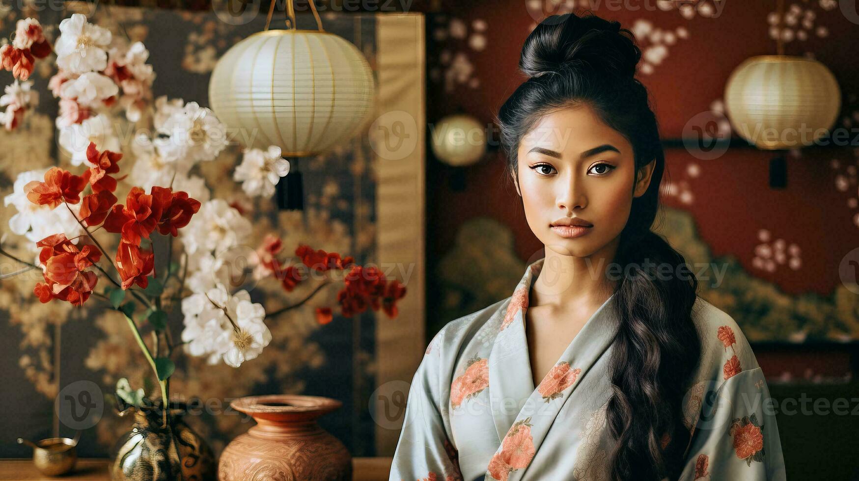 AI generated Woman Admiring Colorful Bouquet in Front of Elegant Vase photo