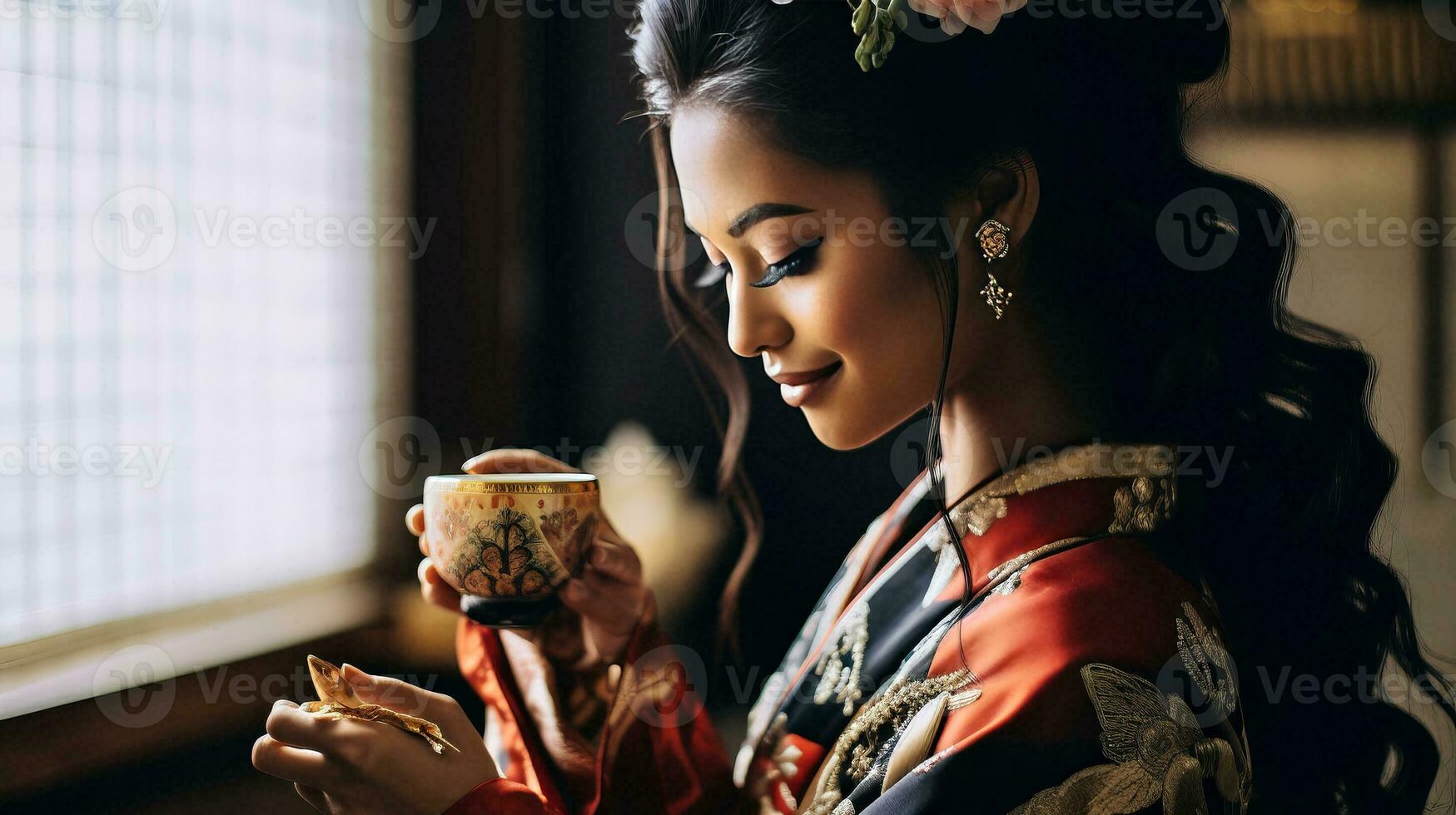 AI generated A Geisha Woman Holding a Tea Cup photo