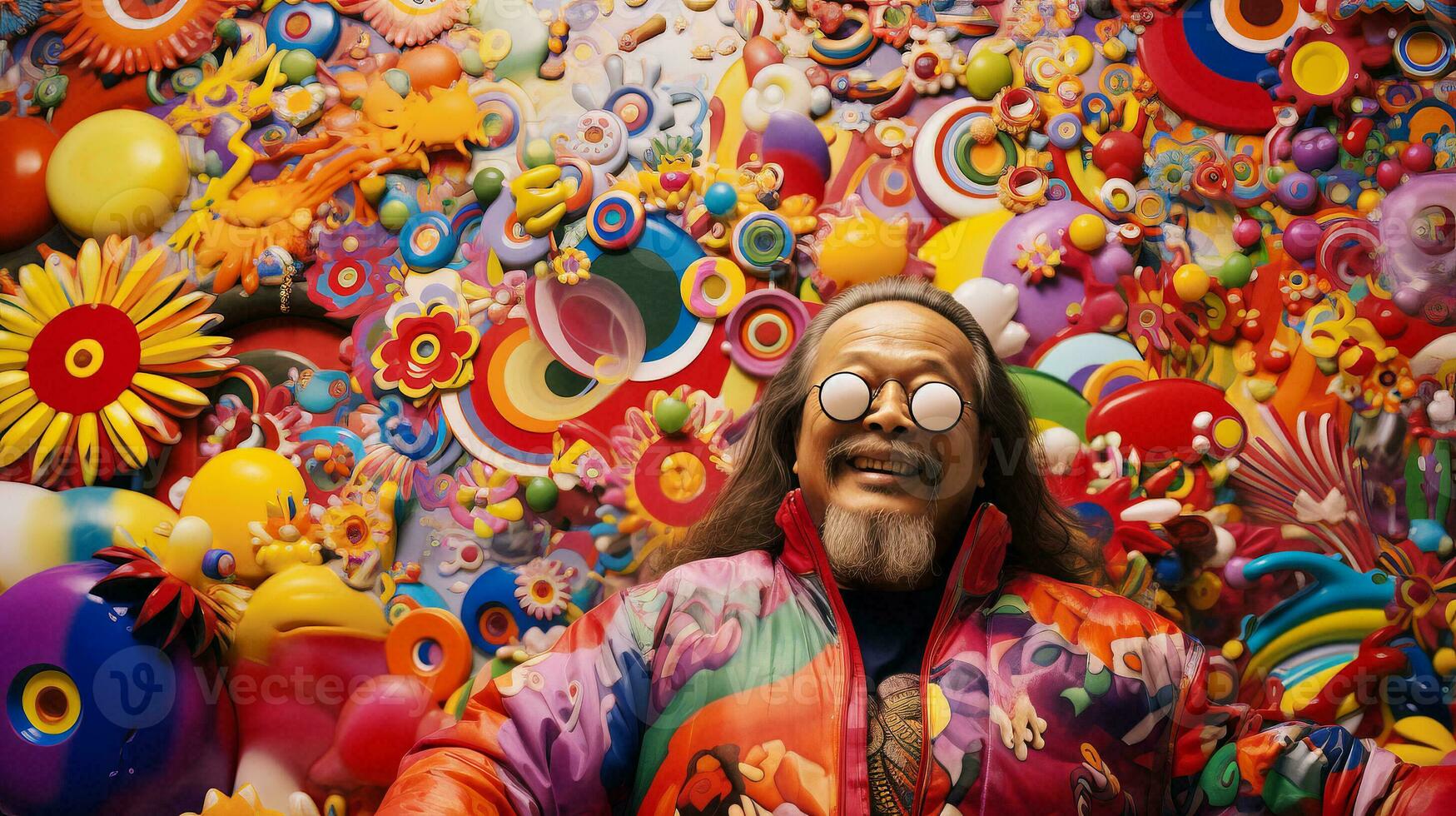 AI generated A Colorful Wall Serving as a Backdrop to a Man Standing photo