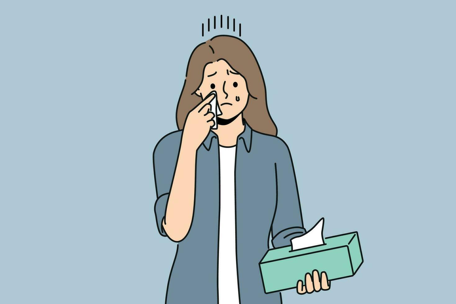 Crying woman wipes tears with paper napkins, experiencing stress and psychological suffering after breaking up with boyfriend. Crying girl holding box of disposable towels needing help of psychologist vector