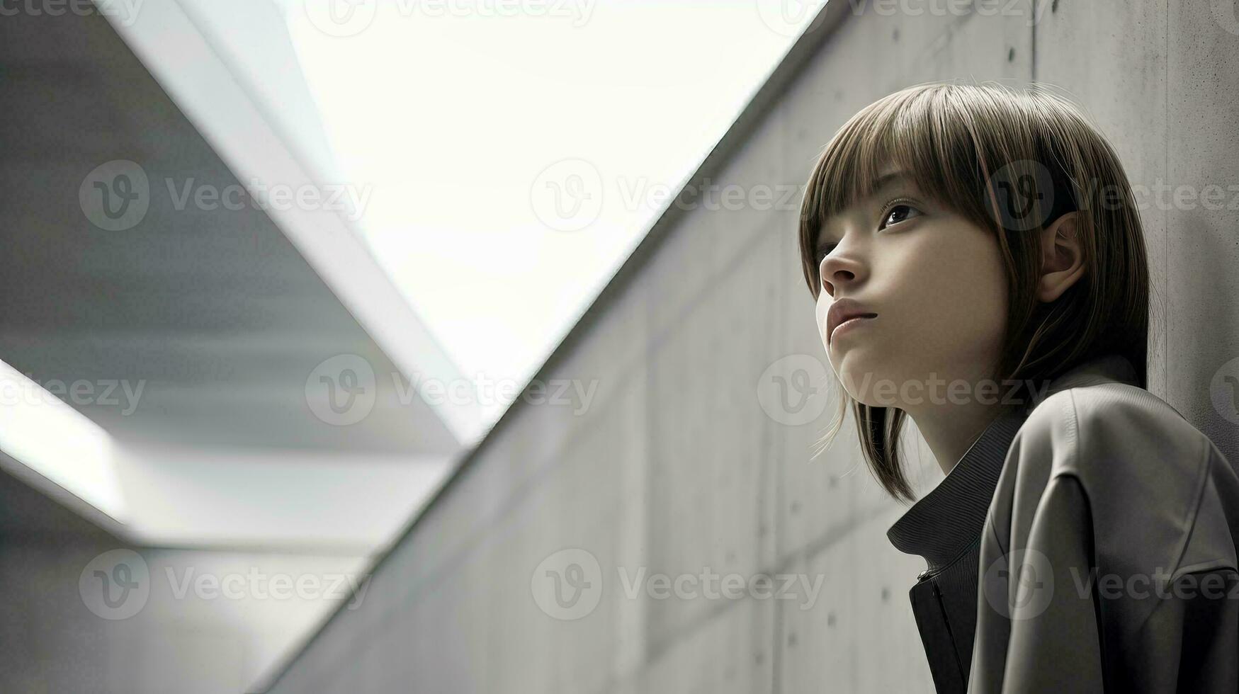 AI generated Woman Resting Serenely Against Wall, Eyes Closed photo