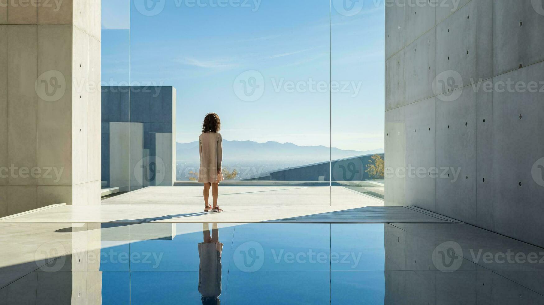 AI generated Woman in Front of Mirror, Building Reflection photo