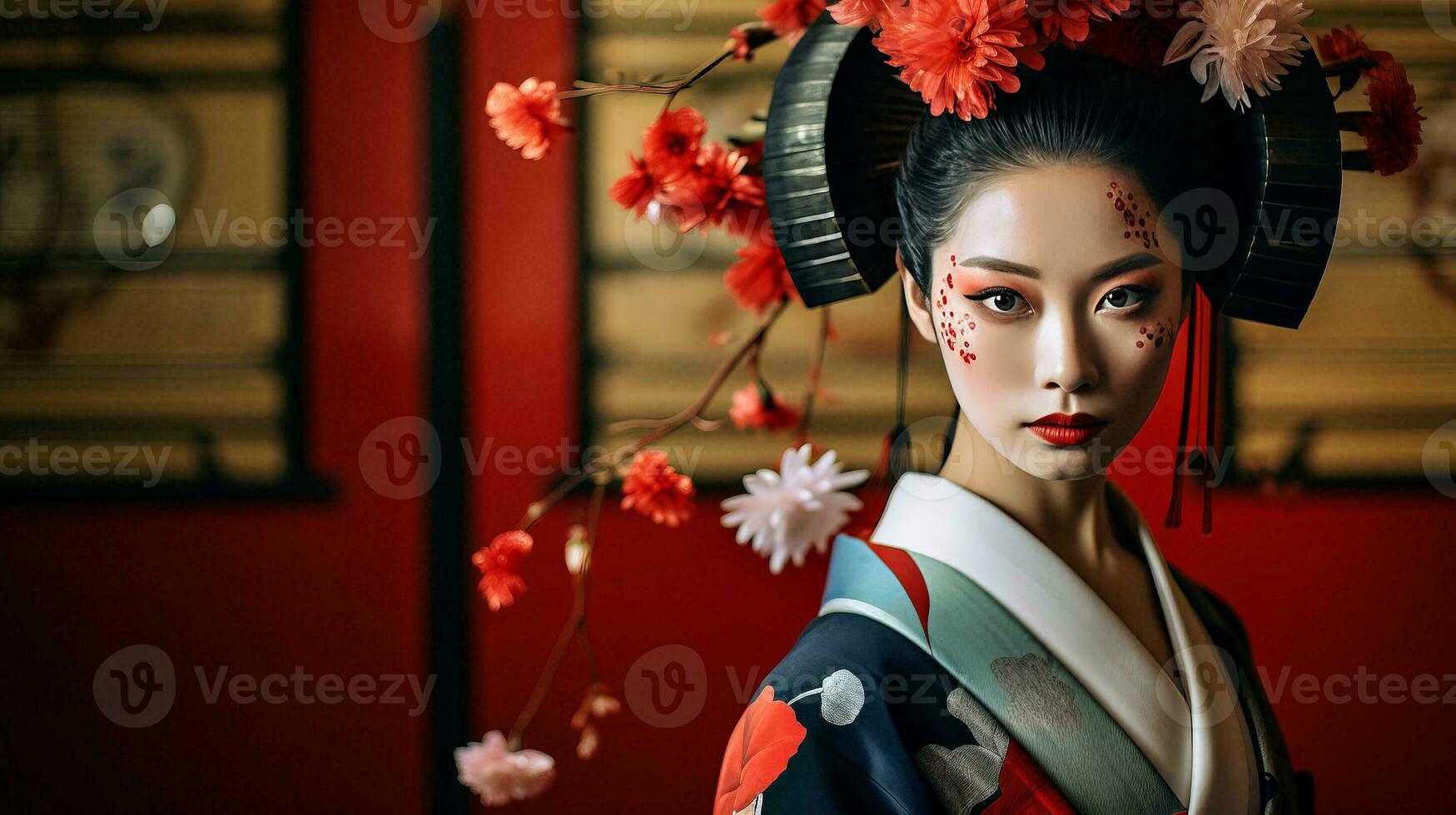 AI generated Elegant Woman in Kimono Adorned with Floral Hair Accessories photo