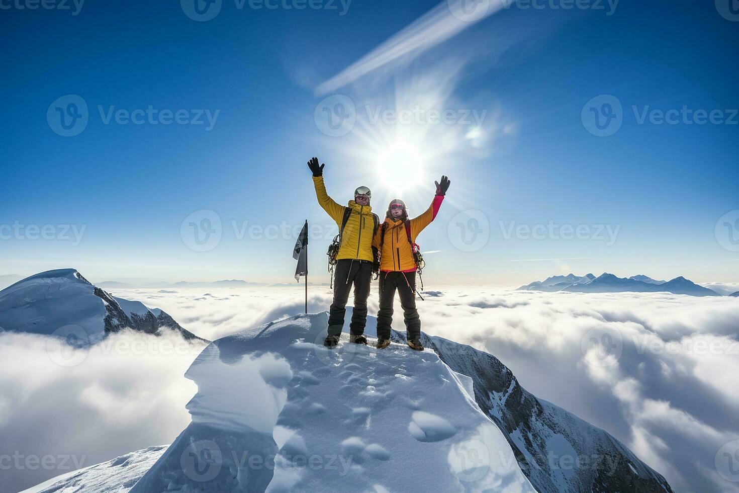 ai generado caminante con un mochila en pie en el parte superior de el nieve cubierto montaña viaje concepto foto