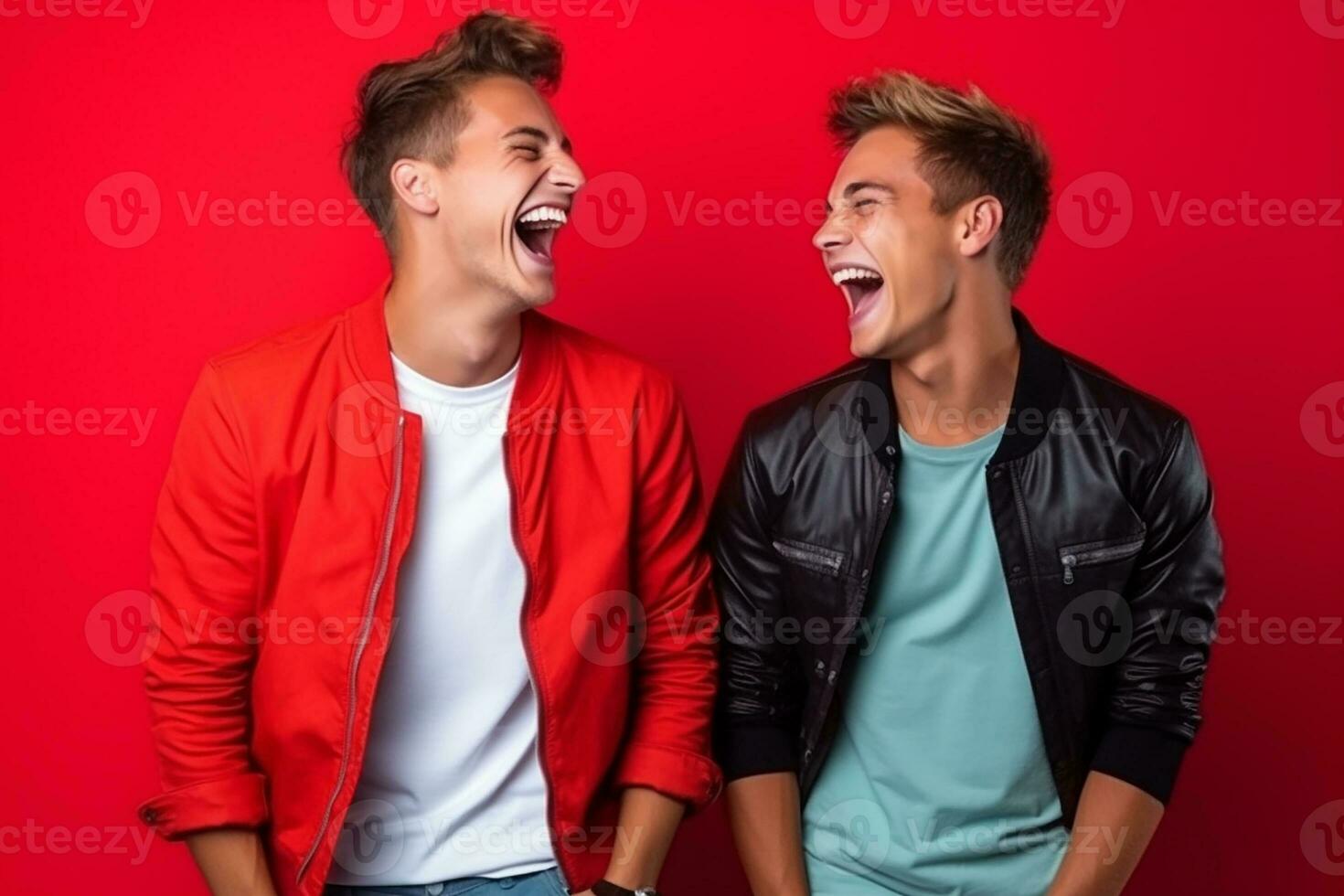 AI generated Portrait of a two happy young men laughing isolated over red background photo