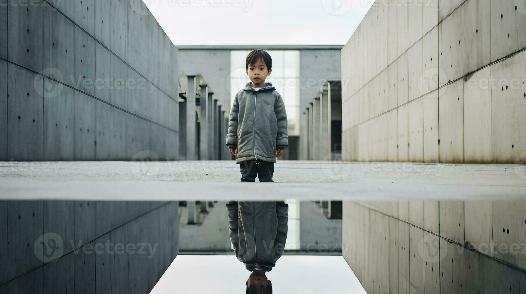 AI generated Young Boy Contemplating Life at Reflecting Pool photo