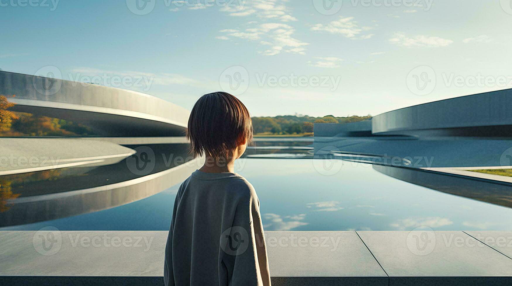 AI generated A Solitary Figure Contemplating the Vastness of the Serene Waters photo