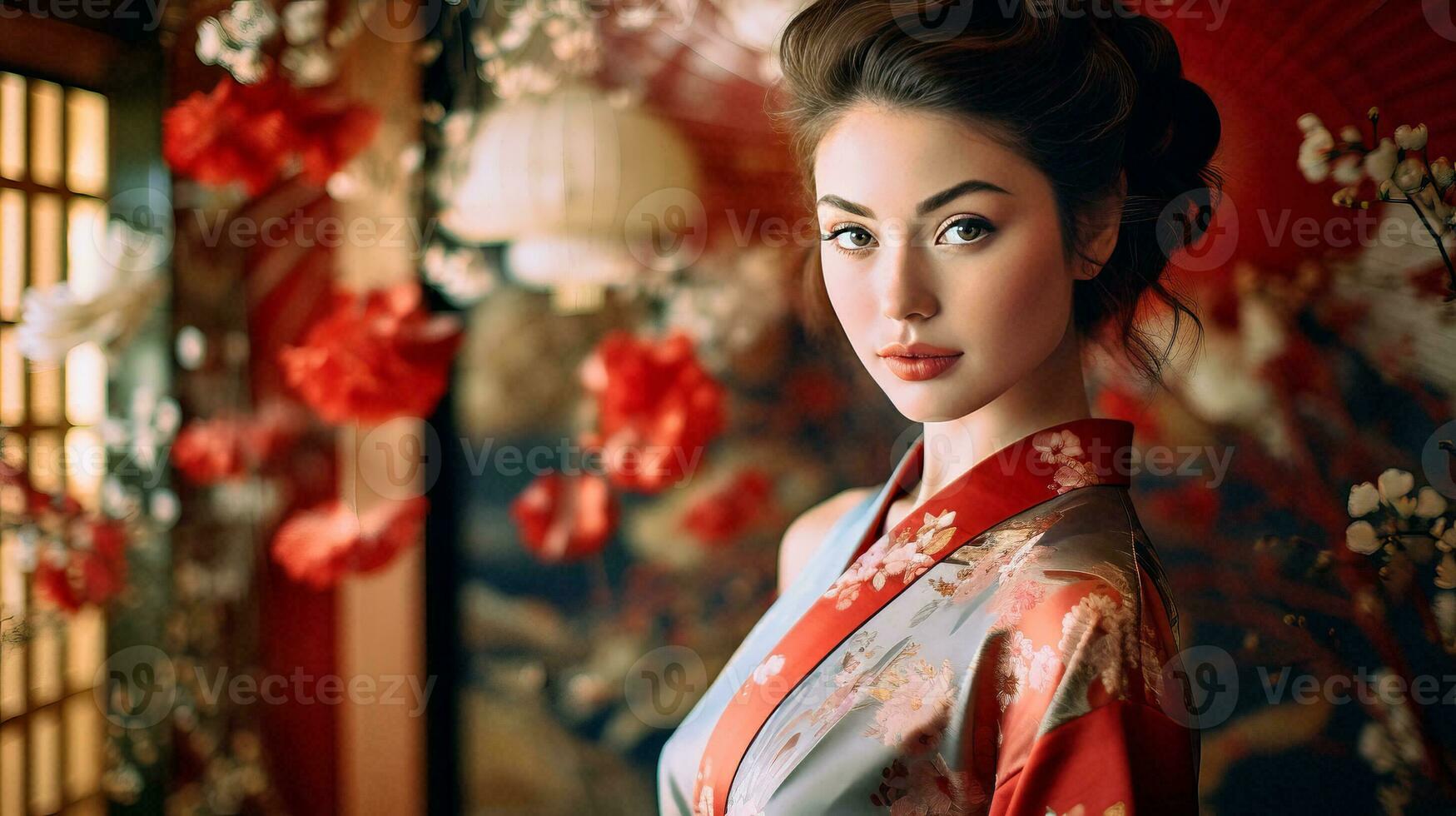 ai generado mujer en tradicional kimono poses graciosamente en frente de ventana foto