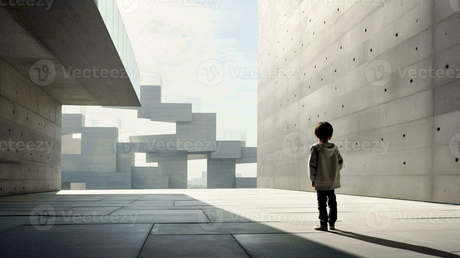 AI generated Little Boy Standing in Front of Building photo