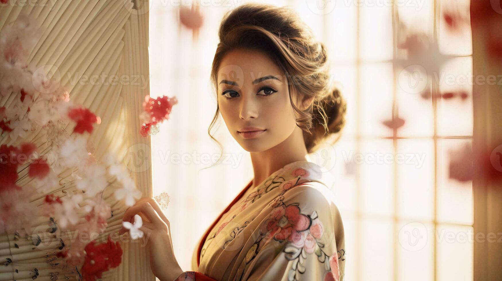 AI generated Woman in Kimono Holding Bouquet of Flowers photo