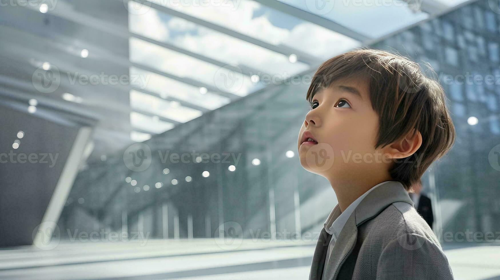 AI generated Young Boy Standing in Front of a Building photo