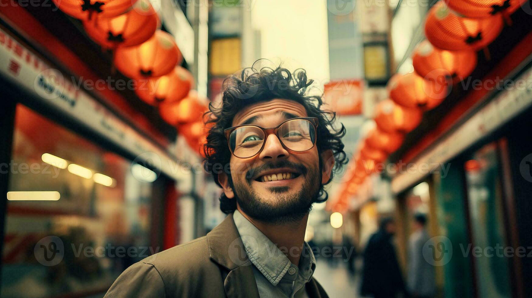 AI generated A Man Wearing Glasses Stands in Front of a Store photo