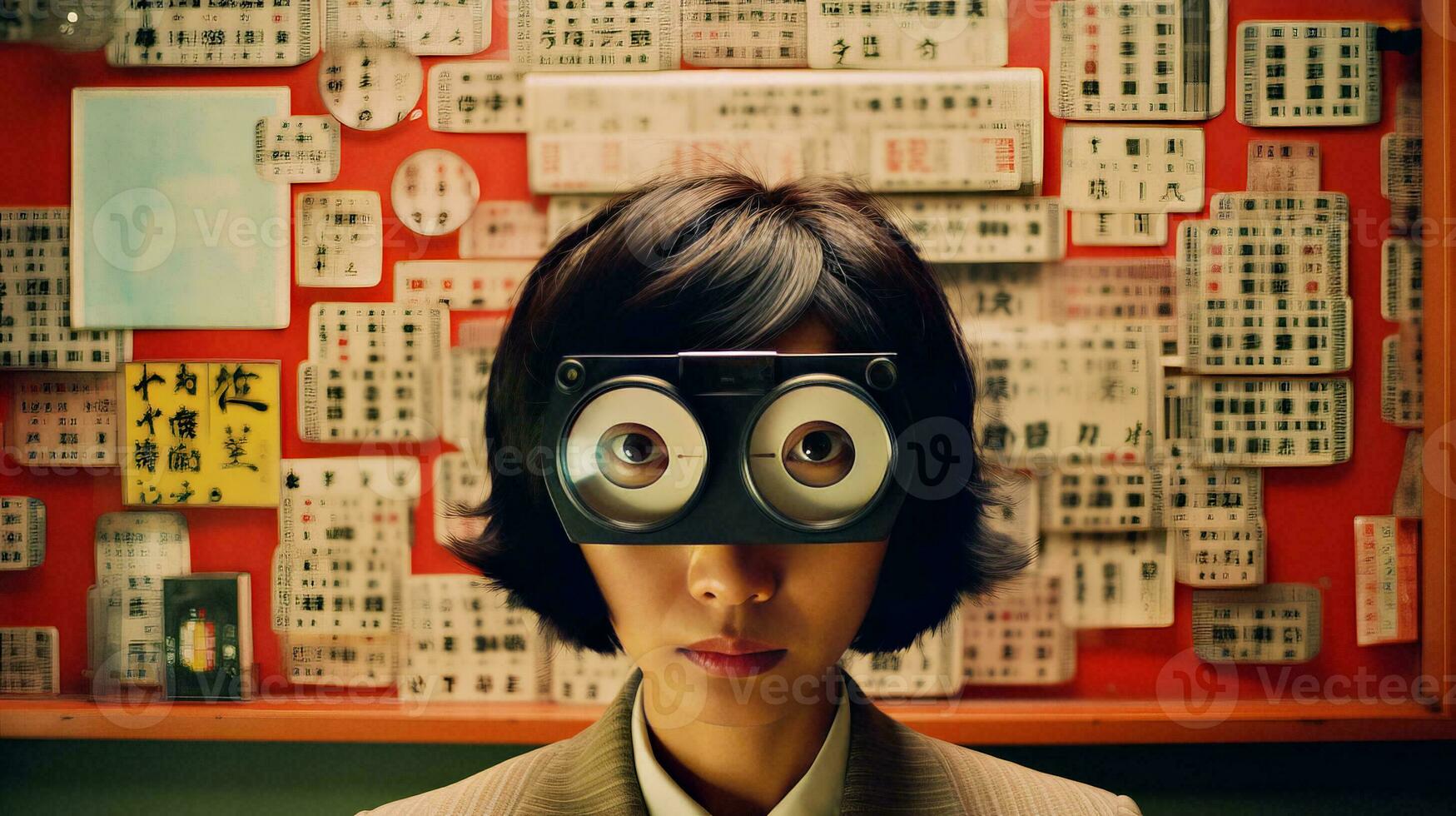 AI generated Woman Observing Wall of Numbers photo