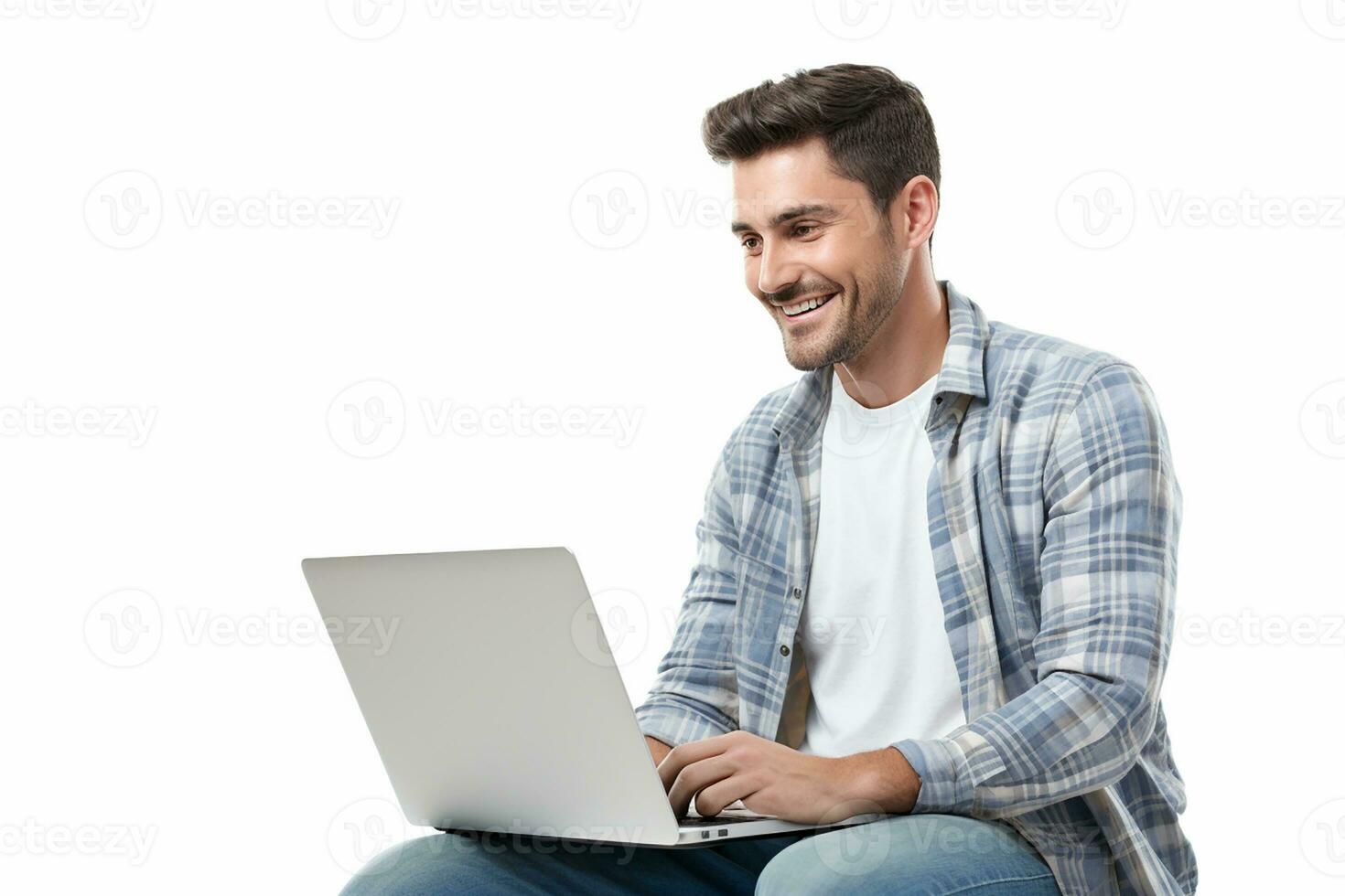 AI generated young happy man operating laptop on isolated white background photo