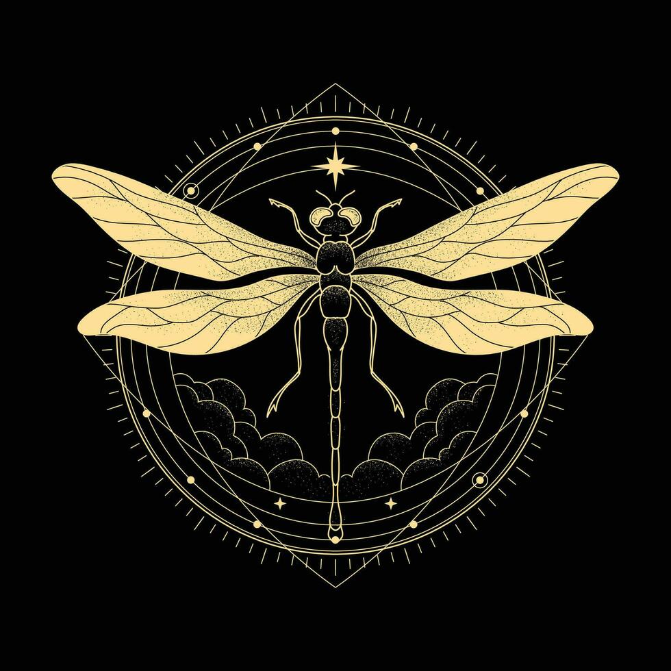 Elegant Gold Dragonfly Art with Line art Stipple and Hand drawn Style vector