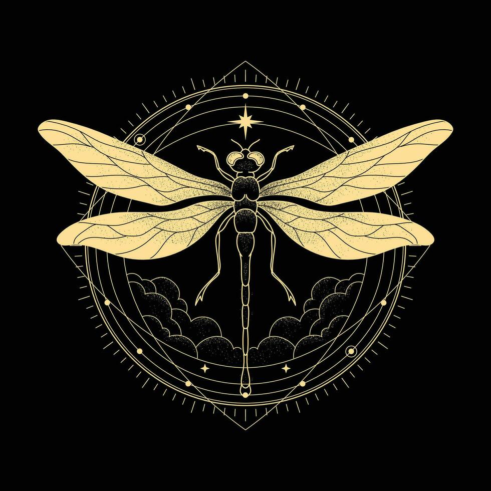 Elegant Gold Dragonfly Art with Line art Stipple and Hand drawn Style vector