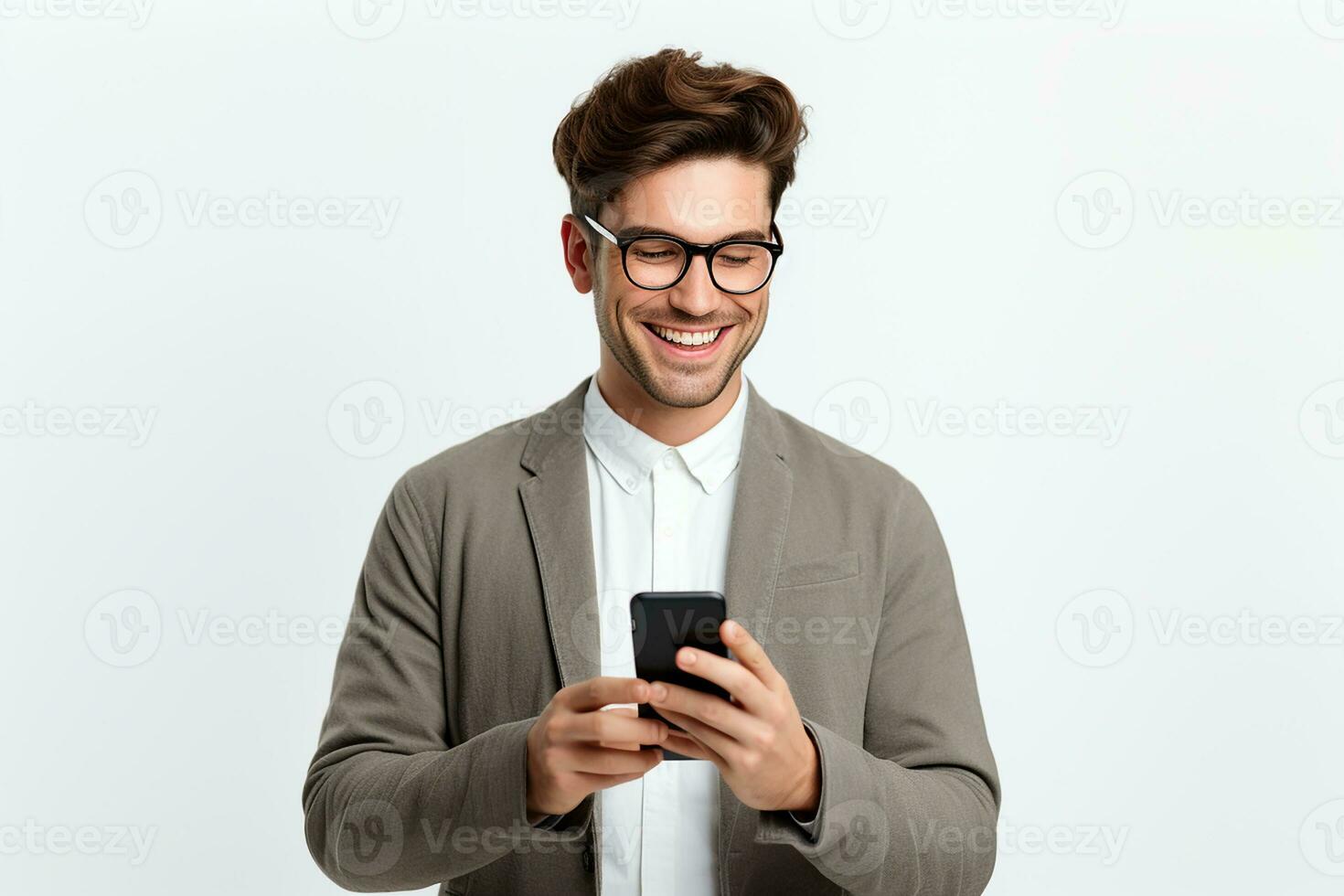 AI generated man looking at phone standing isolated on white background photo
