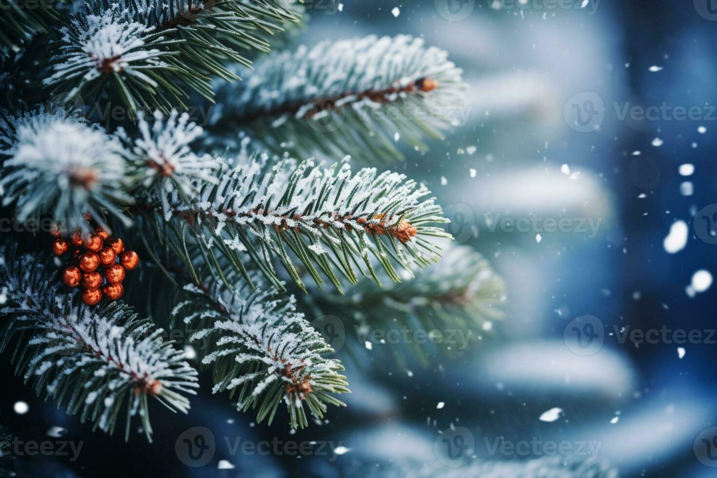 AI generated Snowflakes settling on pine branches under soft winter moonlight photo