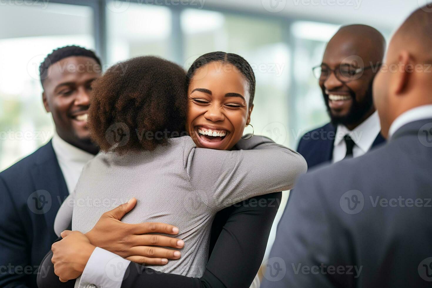 AI generated Medium shot smiley business team hugging each other in modern office photo