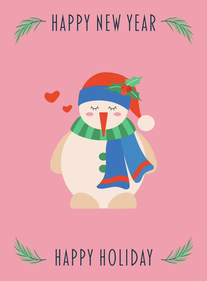 Postcard with text happy new year, Christmas tree branch, snowman in a scarf and hat with a sprig of mistletoe. vector