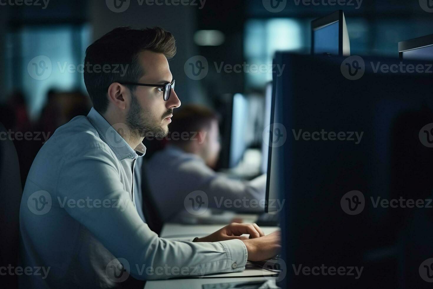 AI generated office worker doing working late night photo