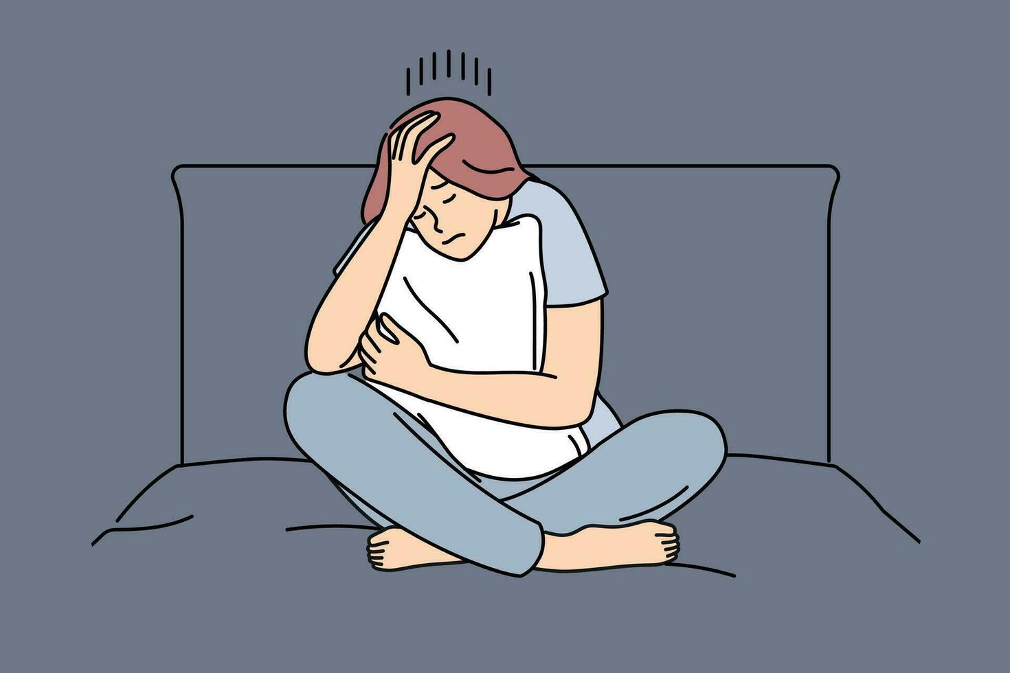 Melancholic woman is sad sitting on bed and hugging pillow after quarrel with boyfriend or divorce from husband. Melancholic girl suffers from headache causing insomnia and chronic fatigue. vector