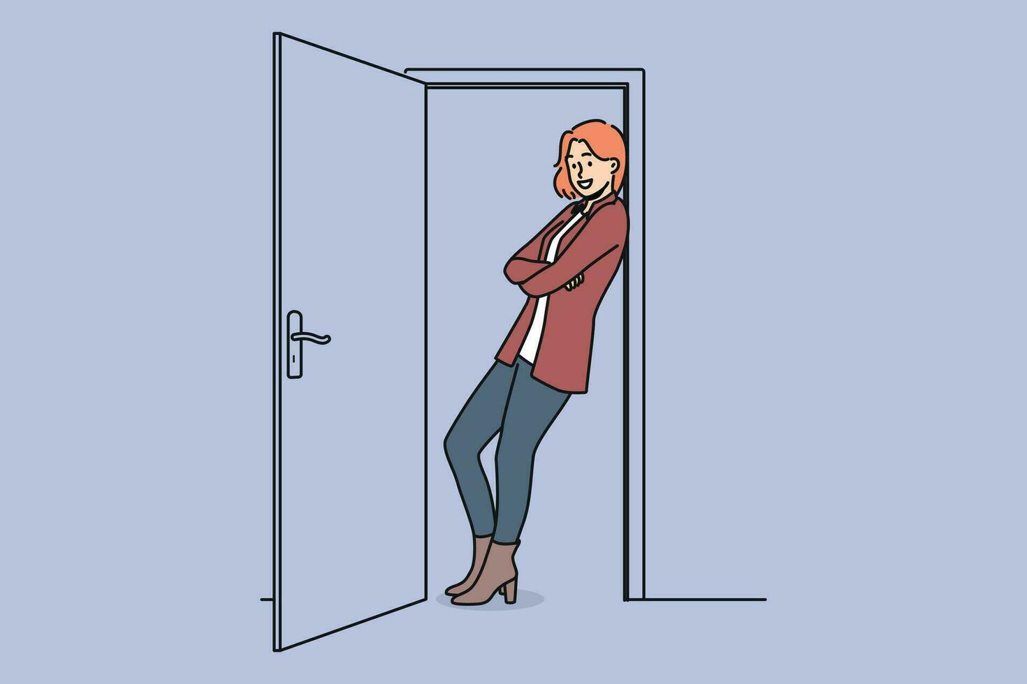 Cheerful woman stands in doorway with arms crossed and saying goodbye to guests. Girl is in doorway and looks at screen with smile, for concept of hospitality and friendship between neighbors vector