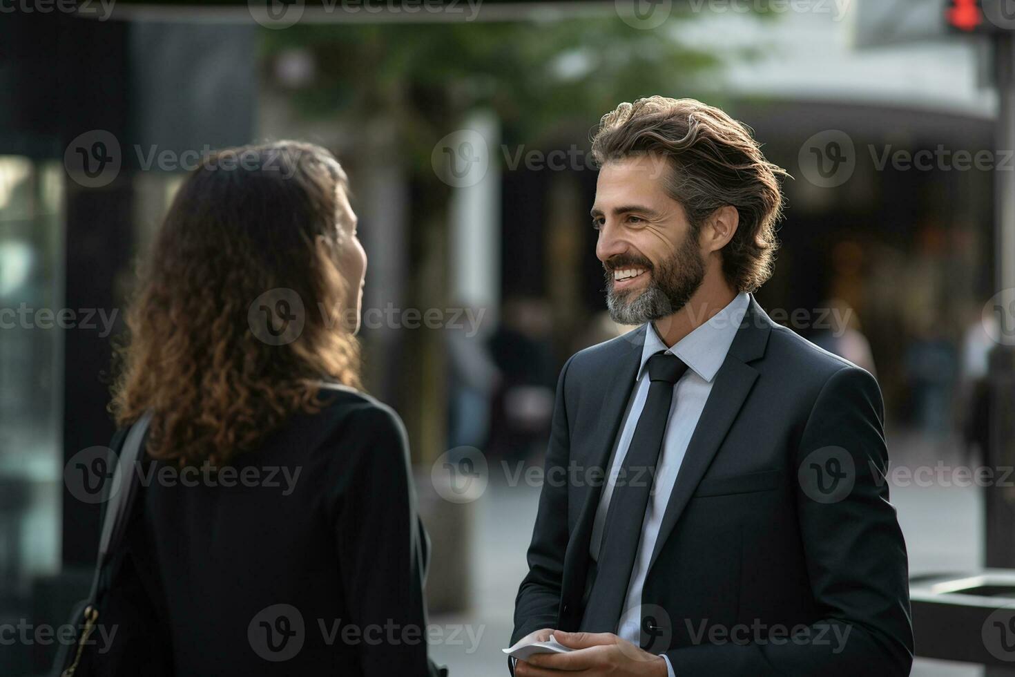 ai generado contento joven dos conversar hablando a cada otro al aire libre foto