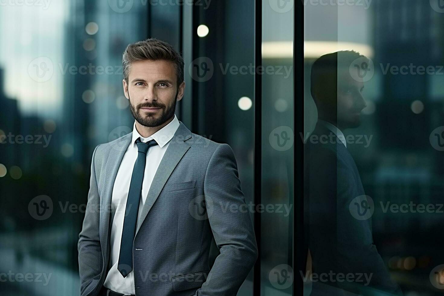 ai generado retrato de empresario además ventana en el oficina foto