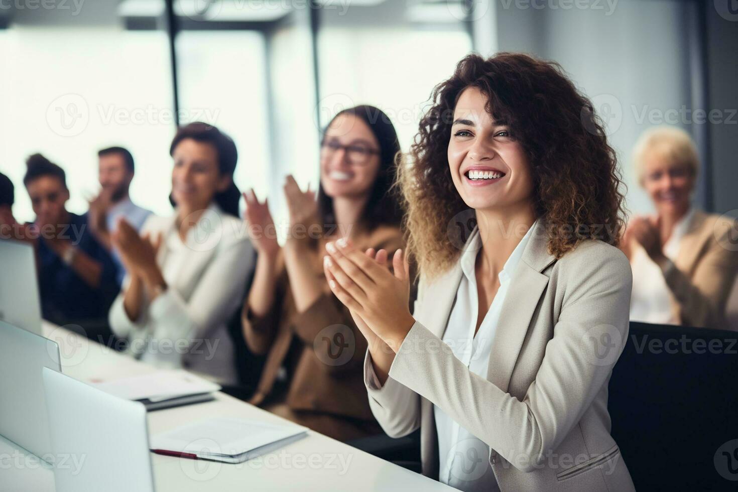 AI generated business team clapping as an audience at a conference or seminar. Meeting with a group of colleagues or employees cheering on an achievement photo