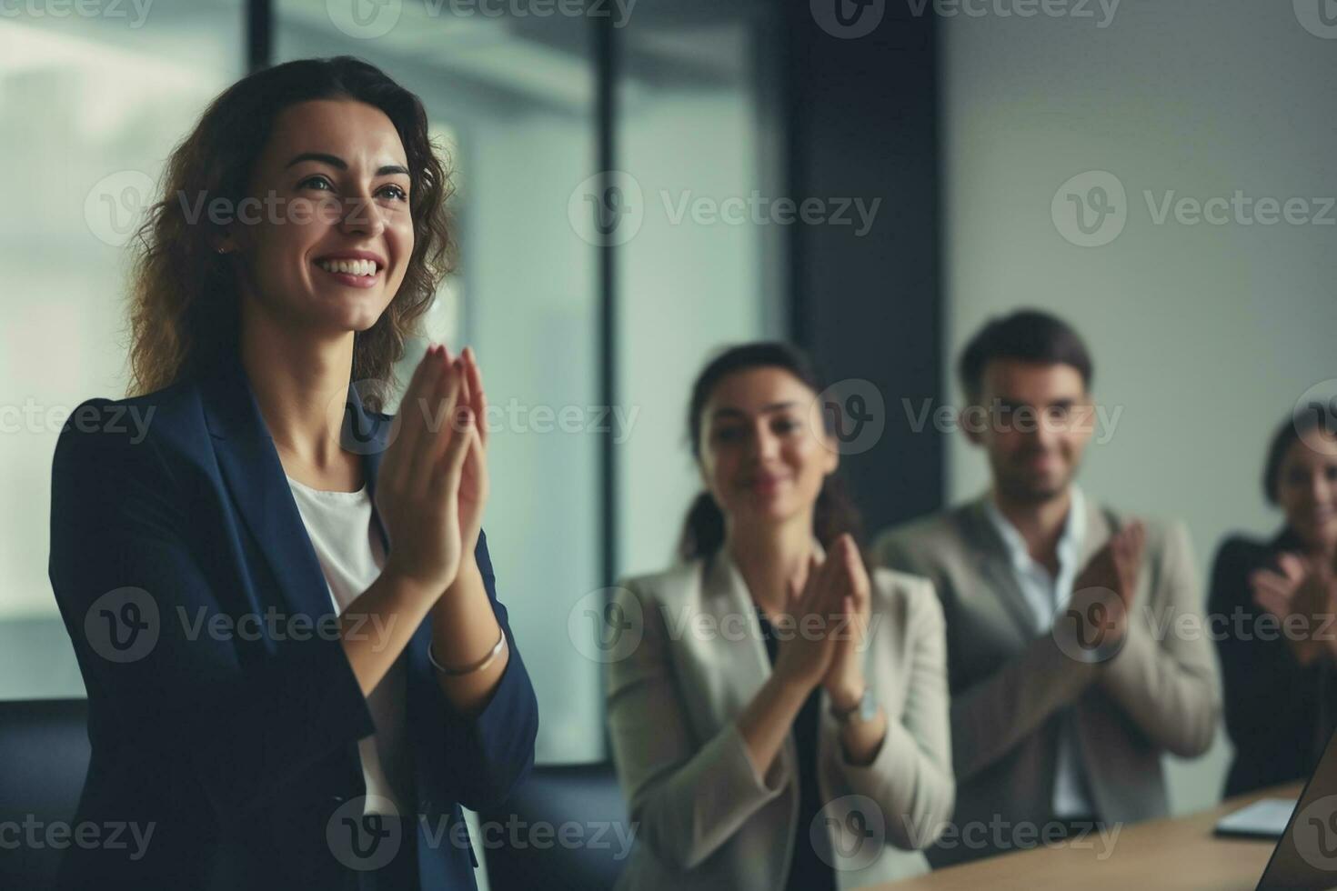 ai generado negocio equipo aplausos como un audiencia a un conferencia o seminario. reunión con un grupo de colegas o empleados aplausos en un logro foto